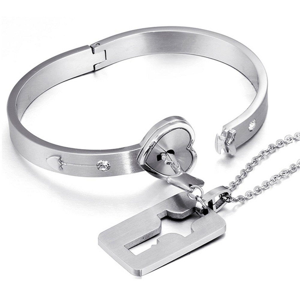 2Pcs/Set Couple Lovers Jewelry Love Heart Lock Bracelet/Chain
