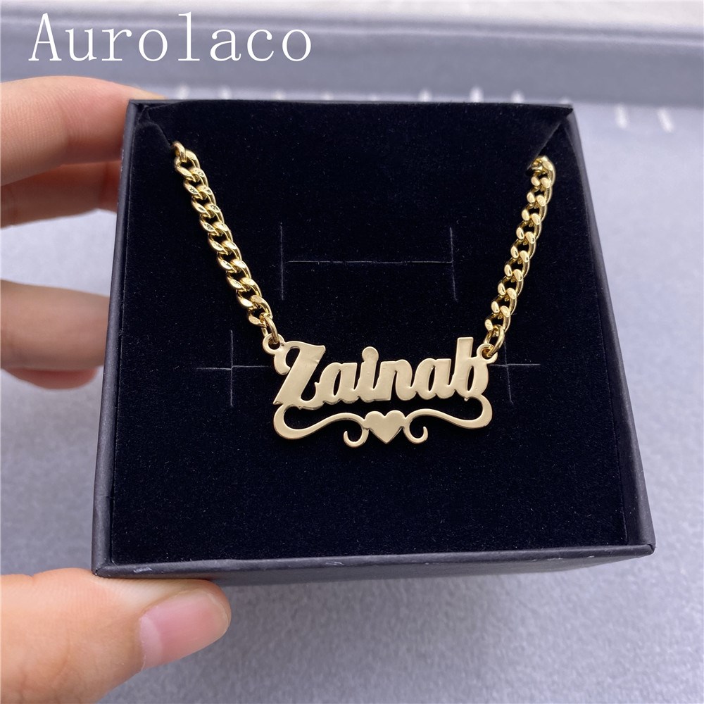 Customized Name Necklace With Heart Stainless Steel Cuban Chain