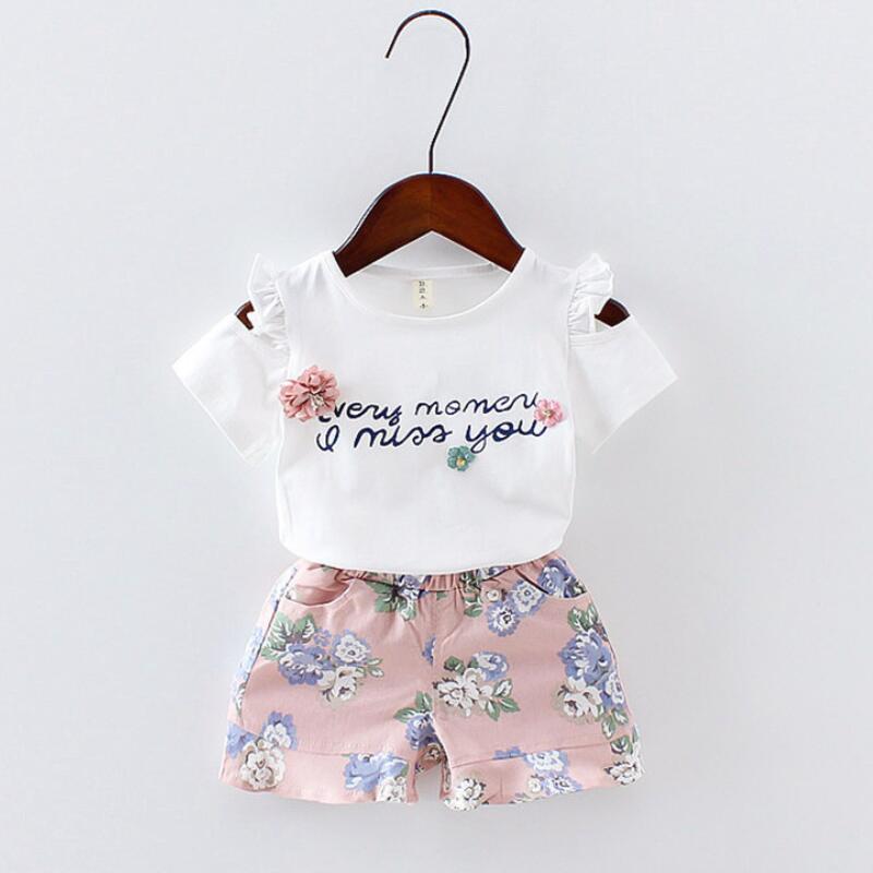 Baby Girls Strapless T-shirt With Floral Printed Short