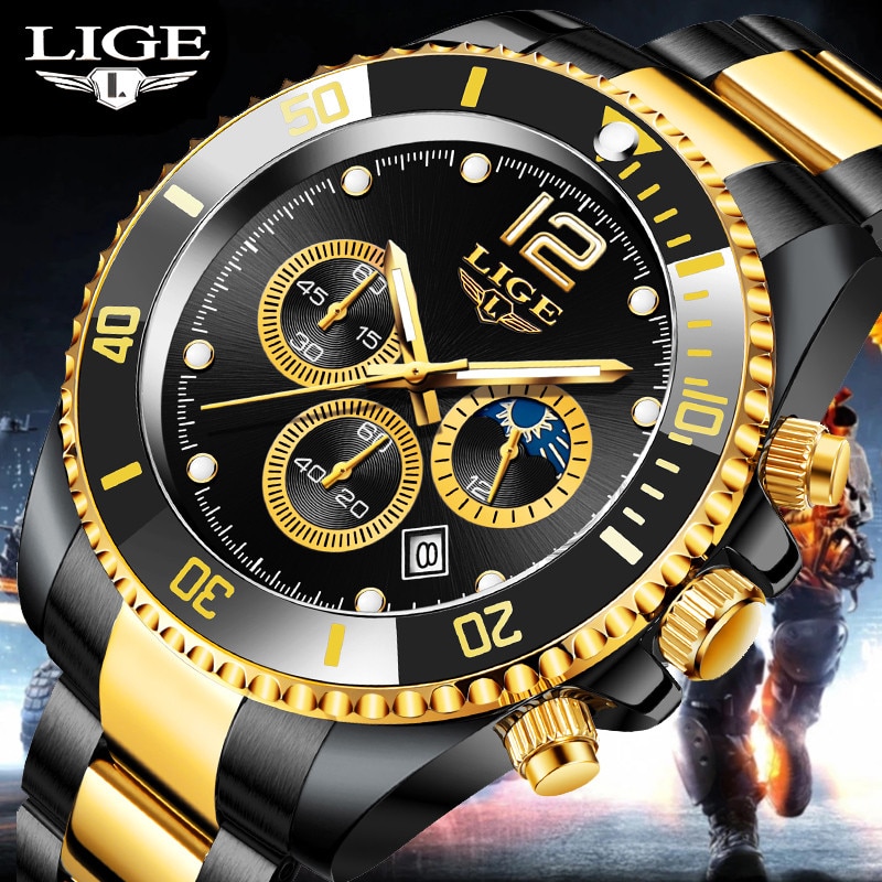 LIGE Mens Top Brand Luxury Clock Casual Stainless Steel (24Hour Moon)