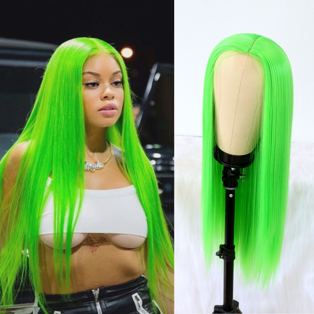 Lace Long Straight Hair Lime Green Color Wigs
