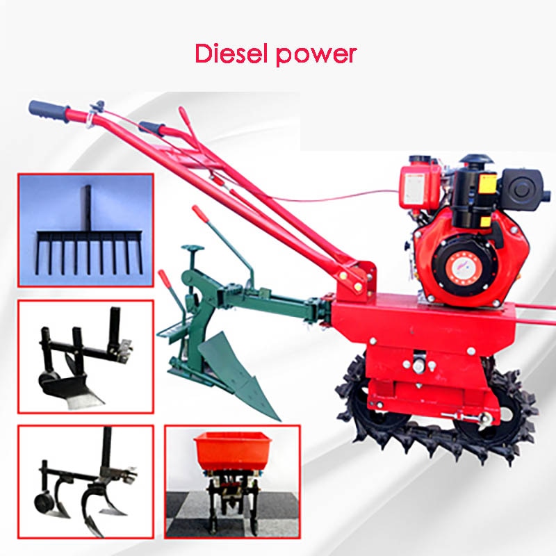 4KW Diesel powerful Chain track mini-tiller, single-wheel plowing machine, cultivating trencher, fertilizing planter