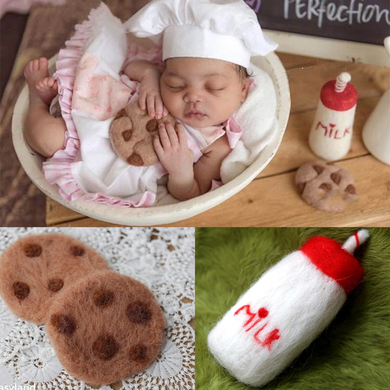 Newborn Photography Props Handmade Wool Felt Milk Bottle Toy And Cookies  Baby Photo Props Studio Baby Accessories Newborn
