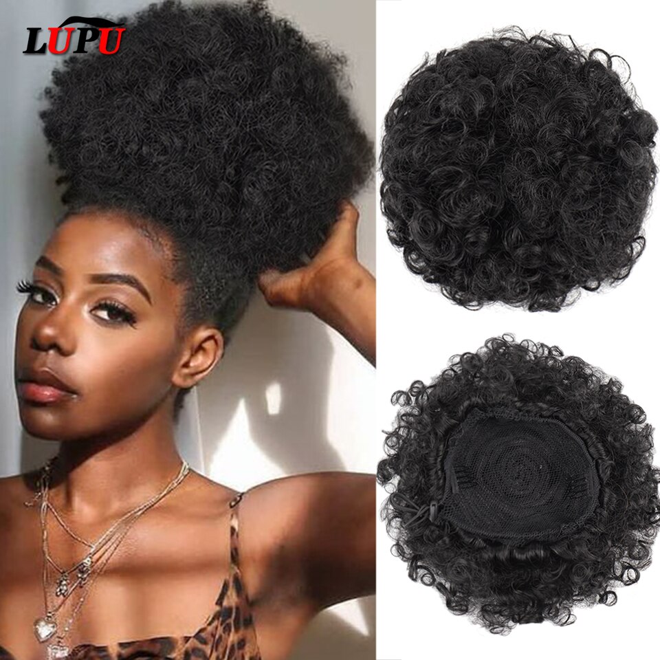 LUPU Synthetic Hair Bun Afro Puff Chignon Short Kinkys Curly Drawstring Ponytail for Black Women African American Hair Pieces