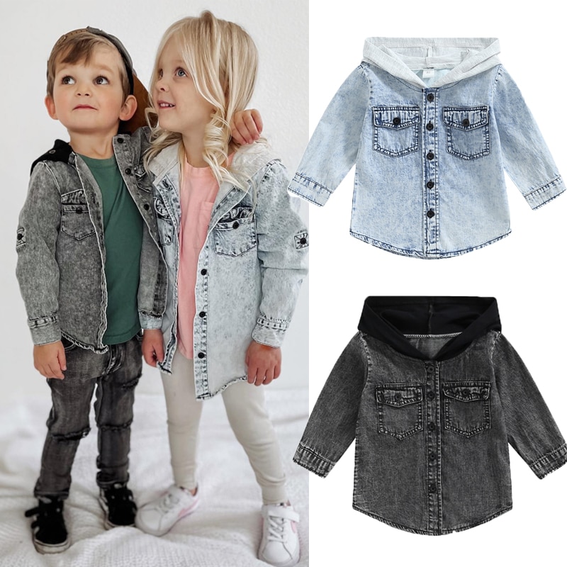 FOCUSNORM 0-5Y Autumn Toddler Boys Girls Coat 2 Colors Solid Denim Long Sleeve Single Breasted Patchwork Hooded Jackets