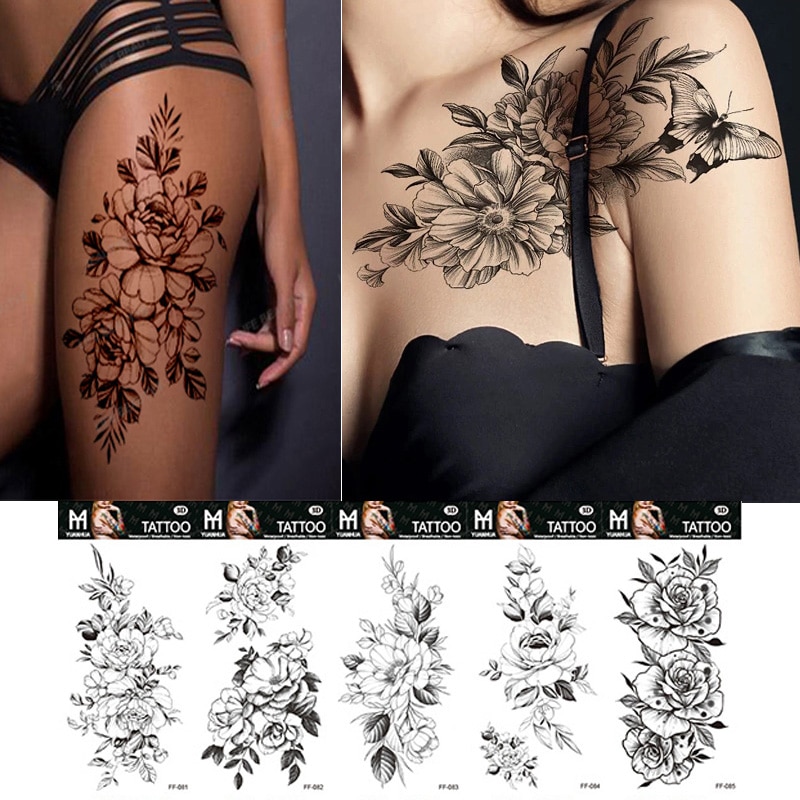 Black Flower Temporary Tattoos Sticker