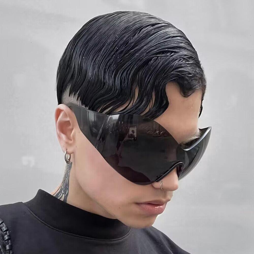 Oversized Futuristic Y2K Sunglasses Shades Wrap Around Rimless UV400 Protection Black Sun Glasses for Beach Outdoor Cycling