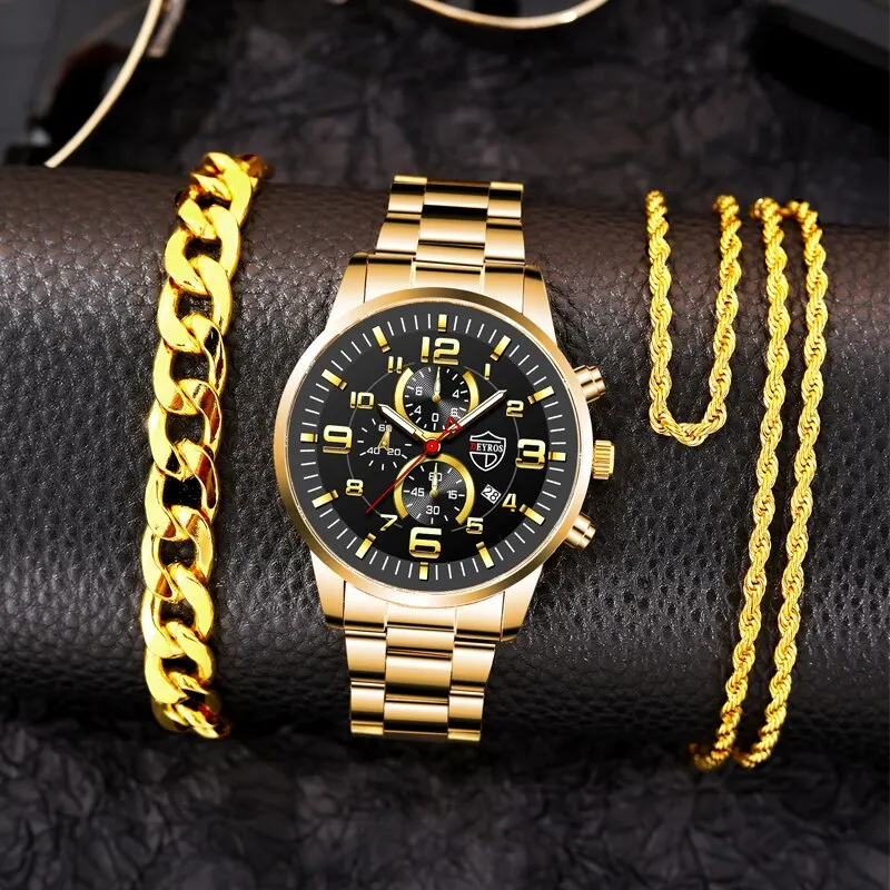3PCS Fashion Mens Gold Necklace Bracelet Watches